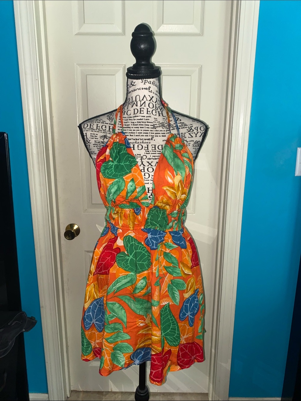 Bright Tropical Halter Dress in Orange, Green, Blue